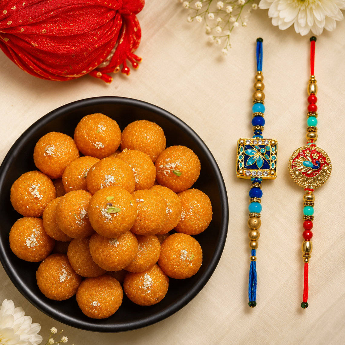 Pair of rakhi with special desi ghee Motichoor ladoo